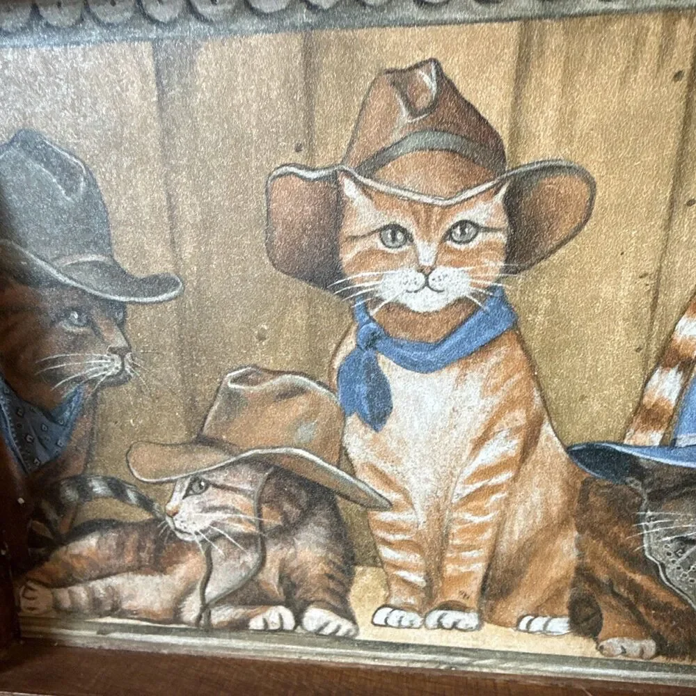 Wood Rectangular Serving Tray w/ Handles, Cowboy Cats Design, Large 16x9